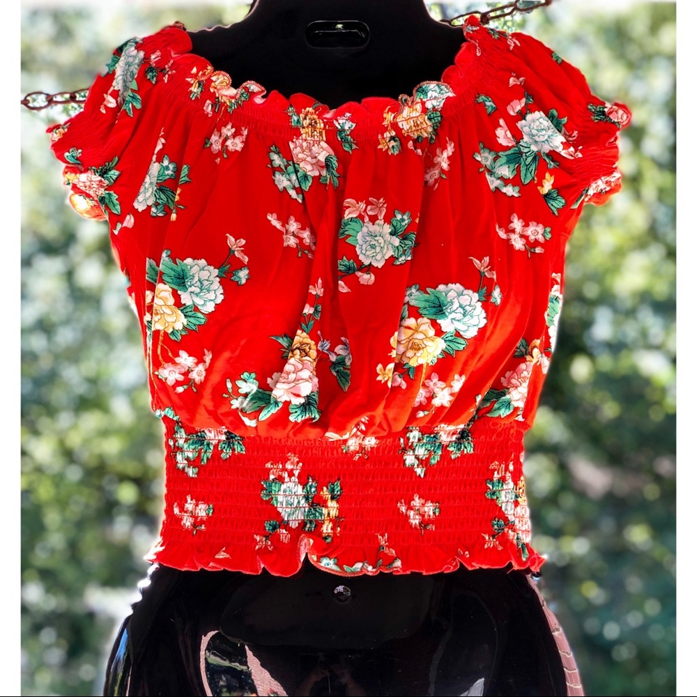SOLD Floral Off The Shoulder Lettuce Edge Top